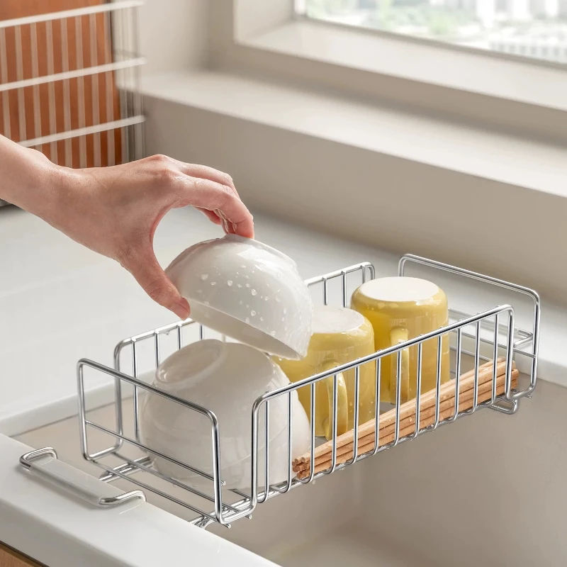 

LMM Stainless Steel Narrow Sink Drain Basket Dish Chopsticks Drain Rack Retractable Tableware