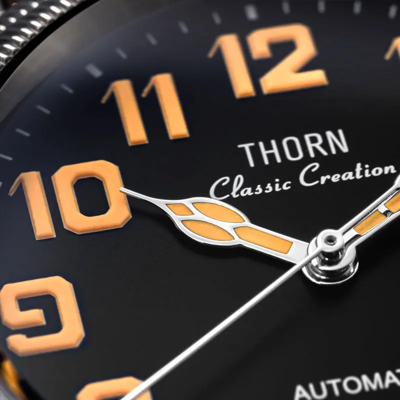 THORN Men's Vintage Pilot Watch 41mm Black Dial Sapphire Coin Bezel PT5000 Automatic Movement 10Bar Water Resistant C3 Lumed