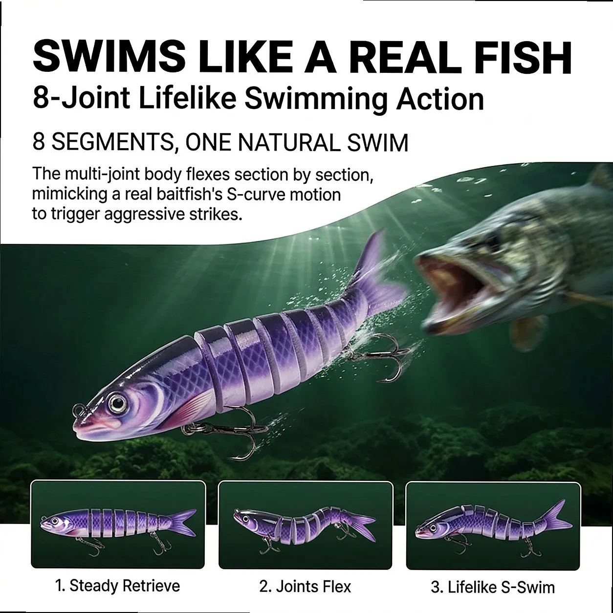 8-Segment Minnow Bait 3/5/10 Pack Multi-Jointed Sinking Wobbler Internal Rattle 3D Eyes for Pike Perch in Pond