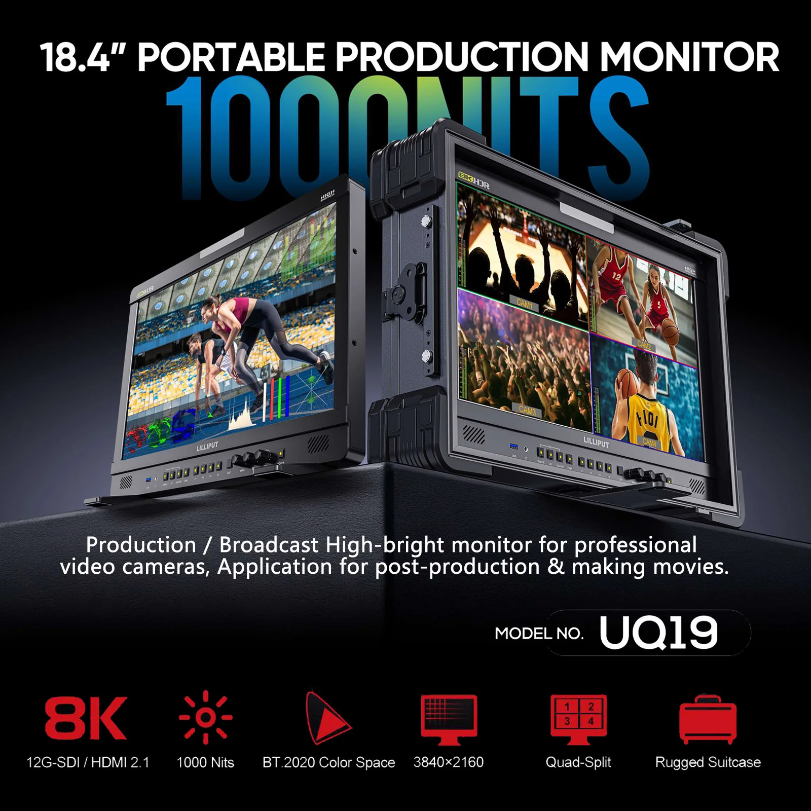 For UQ19 New 18.4 Inch 1000 Nits High Brightness Studio Production LCD Monitor 8K 12G-SDI for Built-in Speaker Desktop