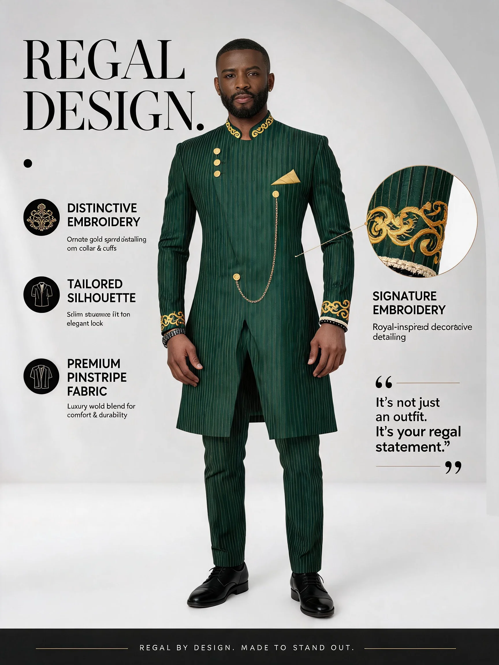 Men African 2‑Piece Suit Green Stripe Gold Embroidery Stand Collar Asymmetric Long Coat Pants Set Luxury Wedding Formal Outfit