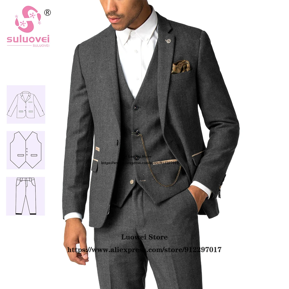 

Winter Fashion Tweed Herringbone Suits For Men Slim Fit 3 Piece Pants Set Wedding Grooms Tuxedos Blazer Terno Masculino Completo