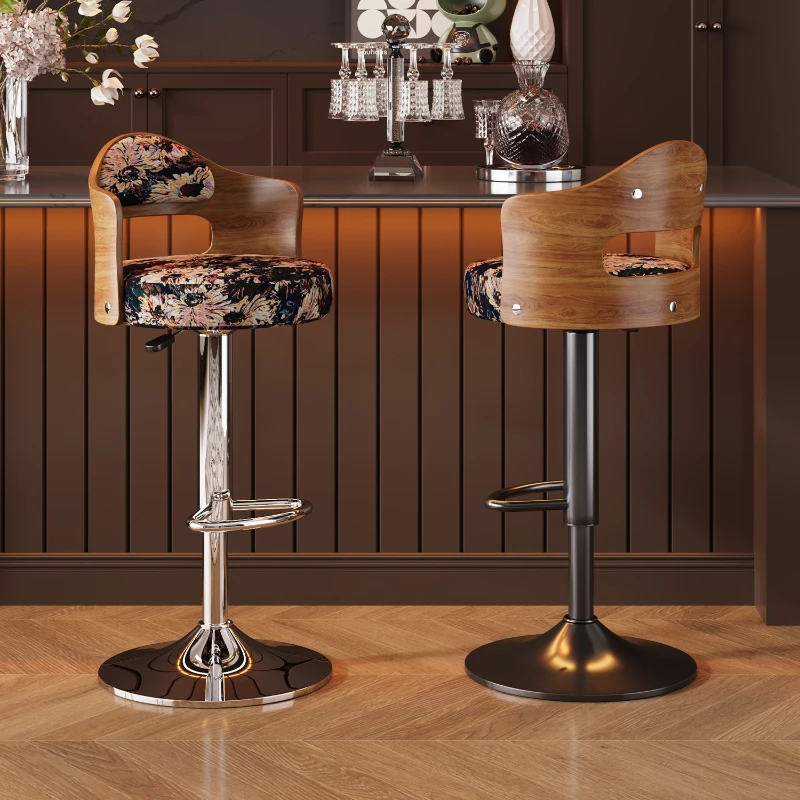 Medieval style wooden backrest high chair household bar chair flower print seat cushion can lift bar chair