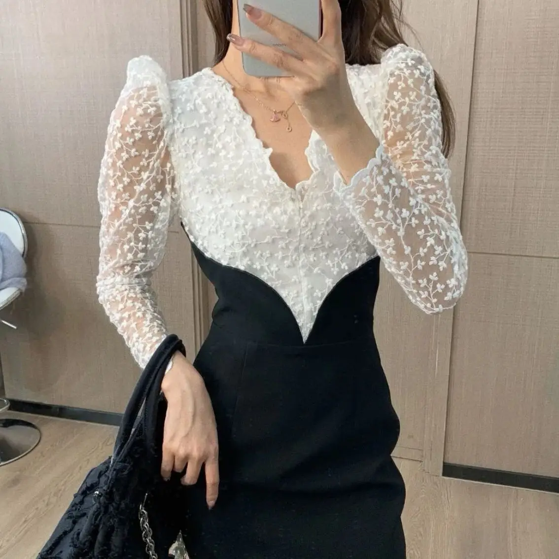 

2023 Spring Autumn Women's Dress Black and White Lace Patchwork Dress Female Long Sleeve France Vintage Elegant Dress Suits