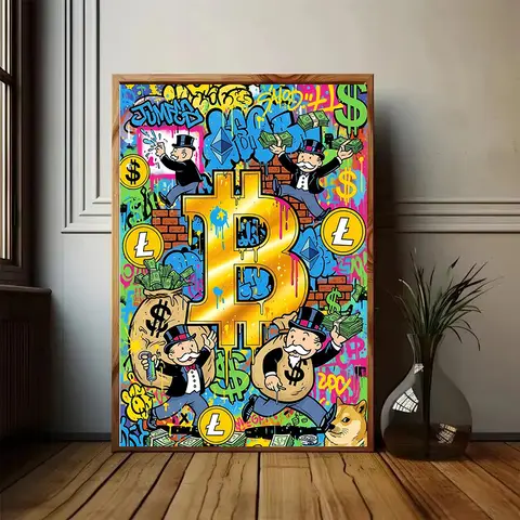 Funny Crypto Money Graffiti Art Monopoly Bitcoin Ethereum Poster Canvas Painting Print Wall Picture for Living Room Home Decor
