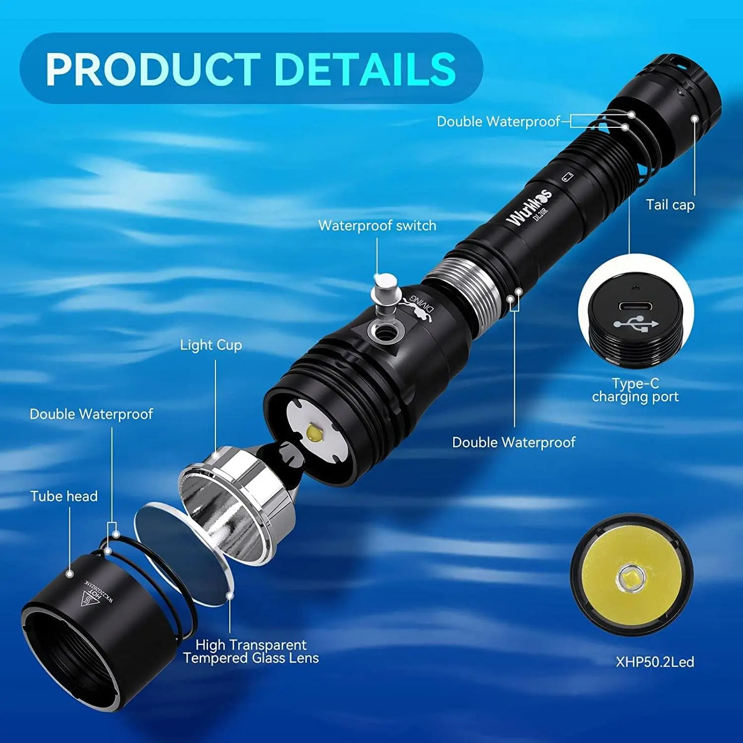 Wurkkos DL20R USB C Rechargeable Diving Light Powerful 3200lm XHP50.2 18650 Flashlight with Magnetic Control Switch