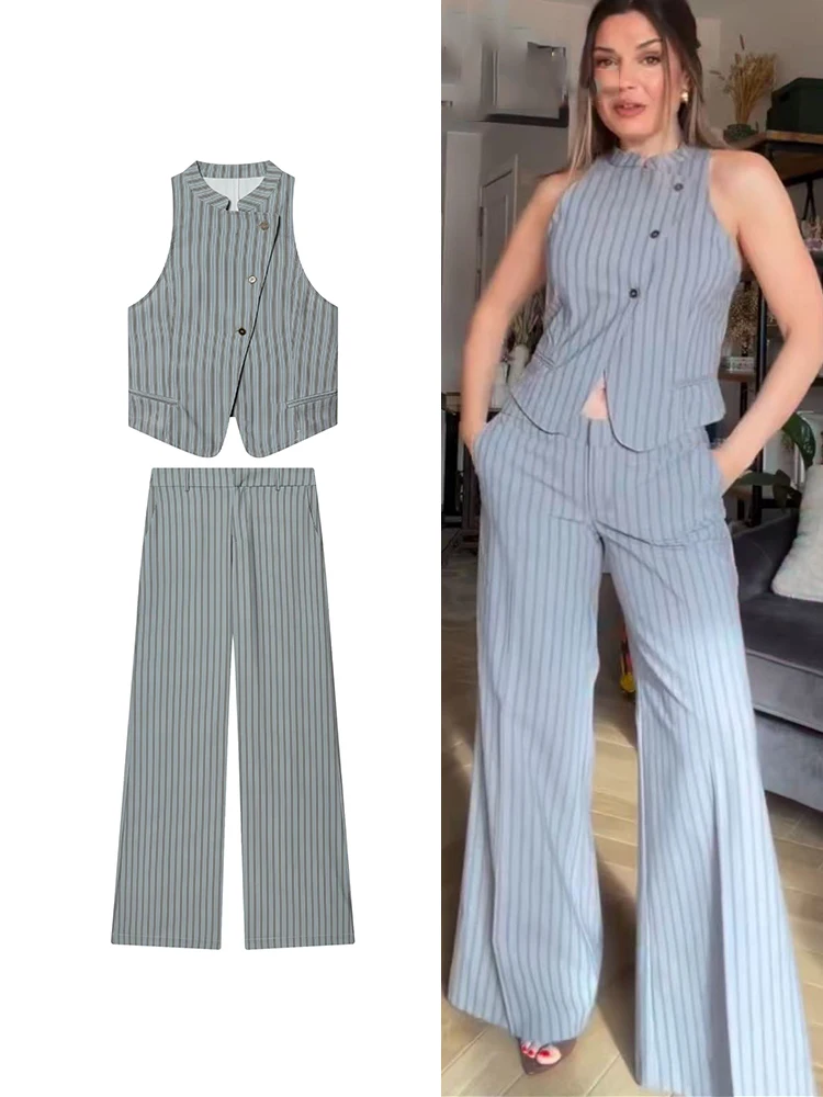 

TFMLN 2026 New Striped Sets For Ladies Stand Neck Sleeveless Vests Straight Pants Two Pieces Sets Elegant Streetwear Casual Suit