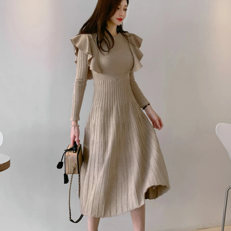 Vintage Elegante Oansatz Weibliche Verdicken Stricken Lange Kleid Schlank Volle Hülse Rüschen Frauen Pullover Kleider Vestidos Herbst 2022 Winter