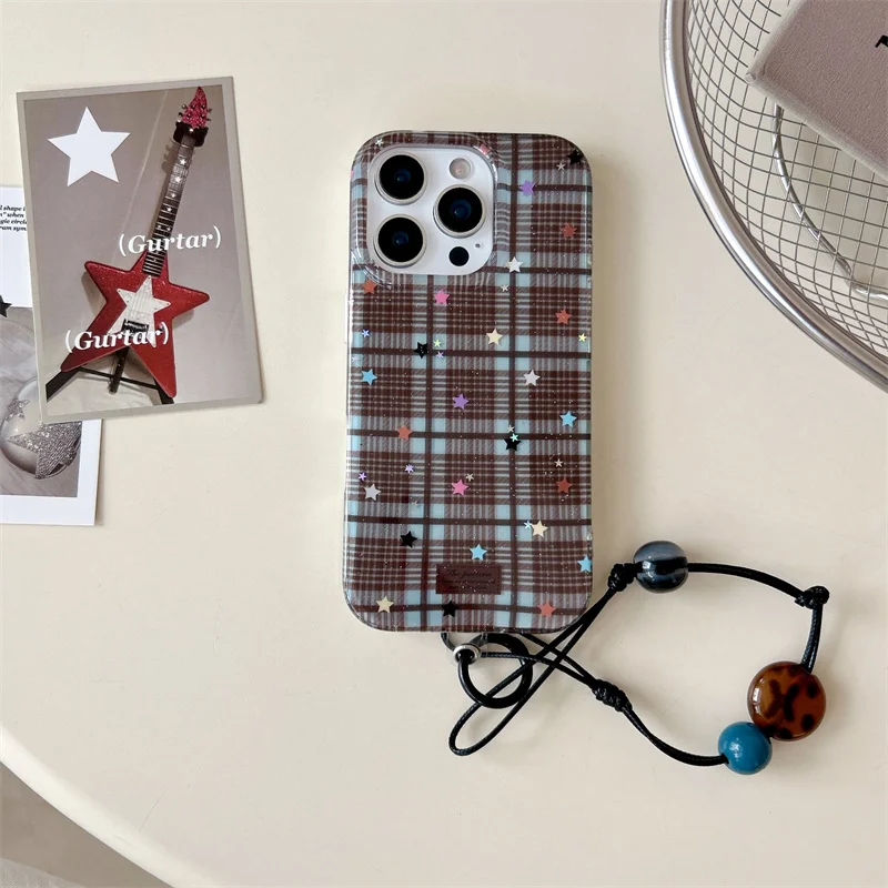 Coreano bonito 3d estrela xadrez padrão caso de telefone para iphone 17 pro 14 15 16 pro max capa com grânulo mão corda casos à prova de choque funda