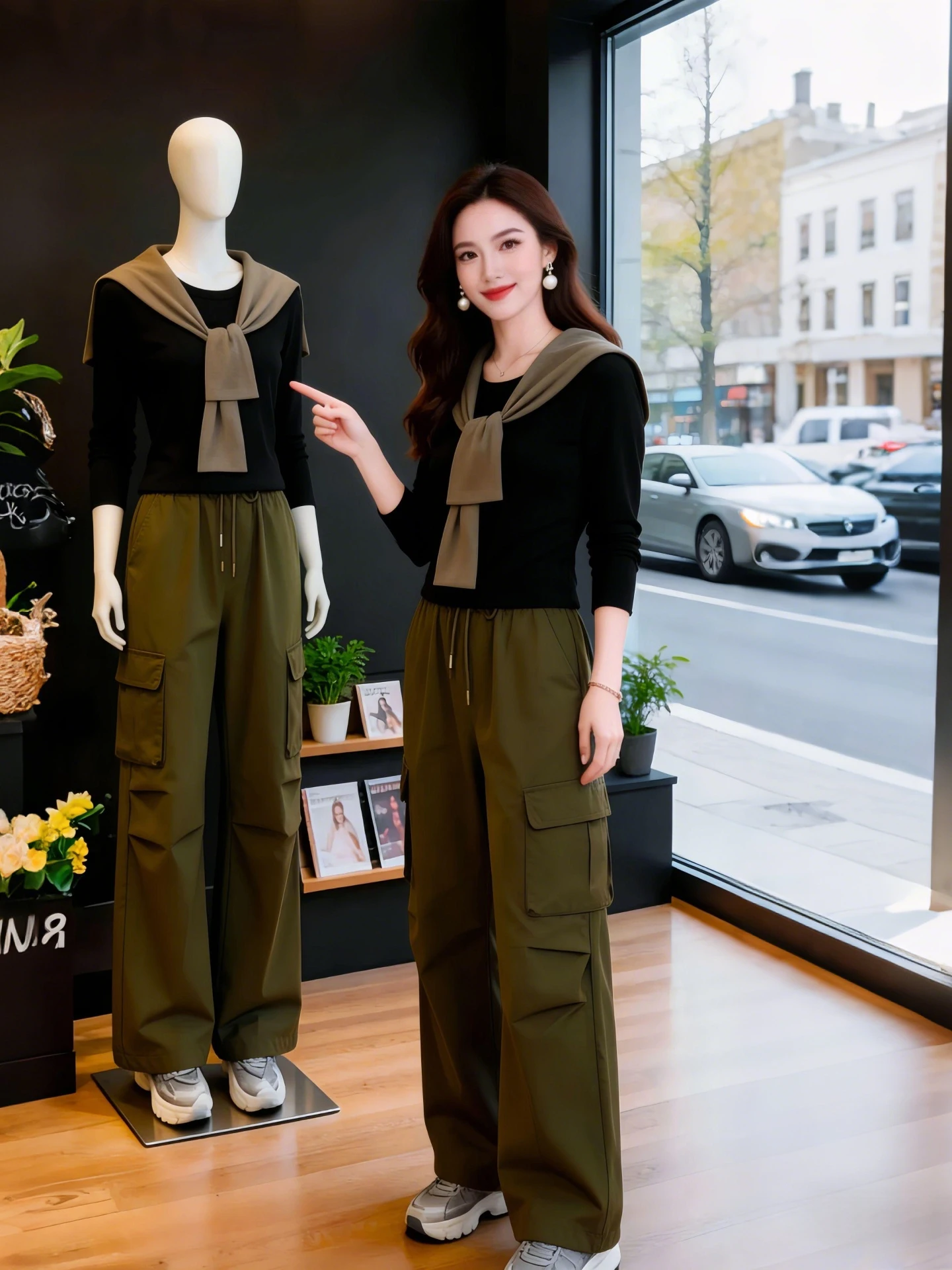 

Весна 2026: Модный женский деловой костюм-двойка для раннего утреннего рабочего дня – топ с длинным рукавом и брюки с широкими штанинами, для невысоких.