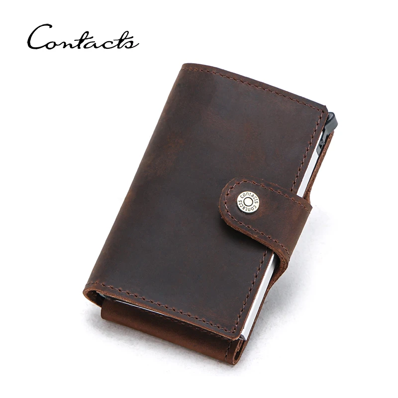 Contact's Crazy Horse Leer Mannen Creditcardhouder Rfid Blokkeren Aluminium Doos Mannelijke Automatische Pop Up Card Case Money Pocket