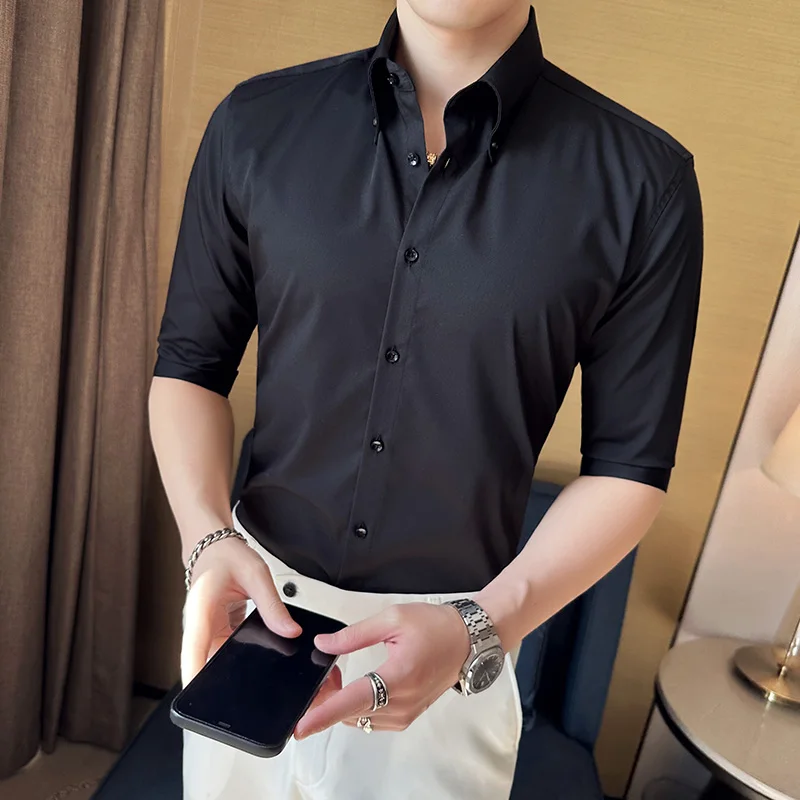 Men Luxury Brand 2023 Male Half Sleeve Hawaiian Shirts Casual Metal Buckle Hit Color Slim Fit Black Men's Dress Blouses