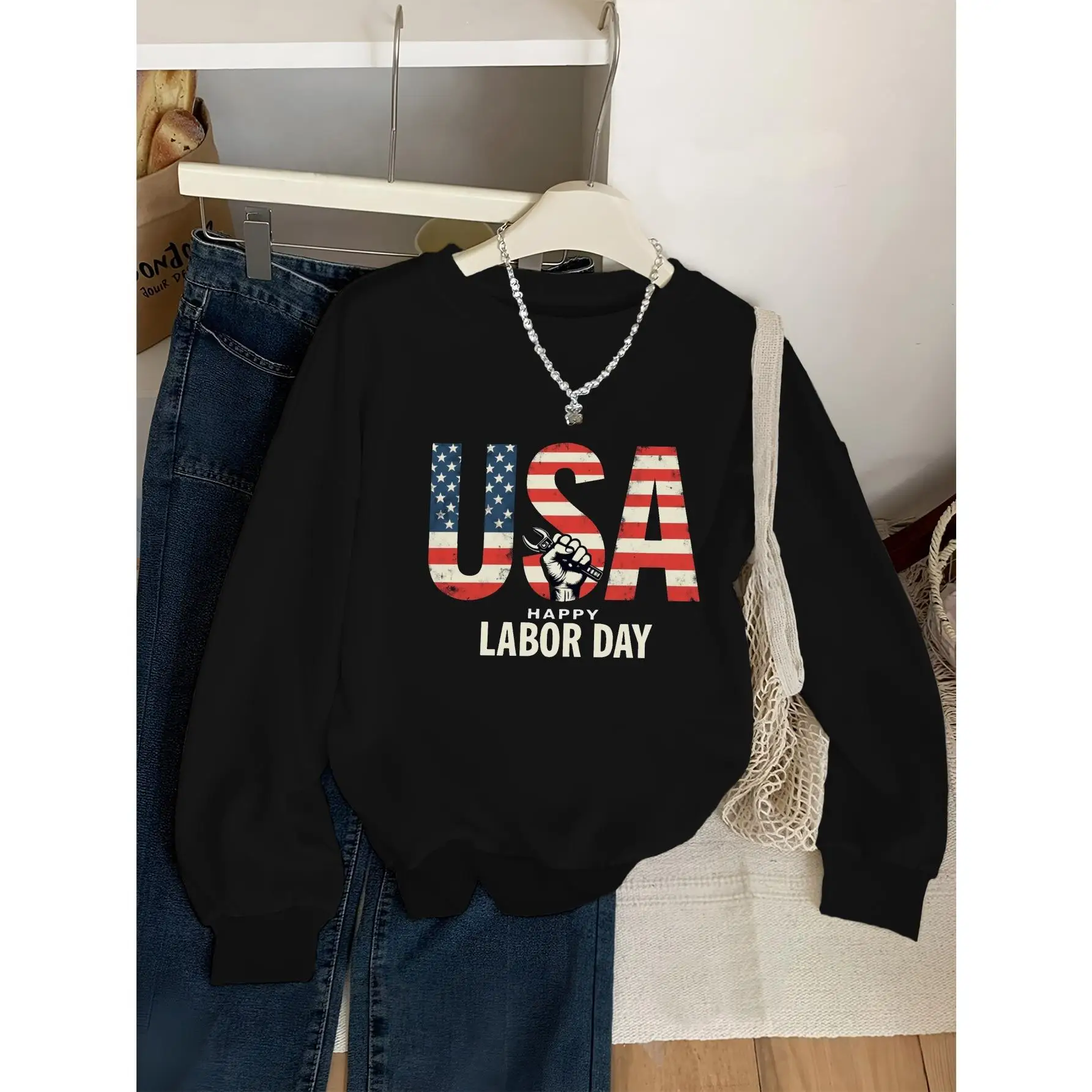 

Women's USA Flag Labor Day Sweatshirt Patriotic Graphic Pullover Fall American Holiday Loose Long Sleeve Top Unity Strength Tee