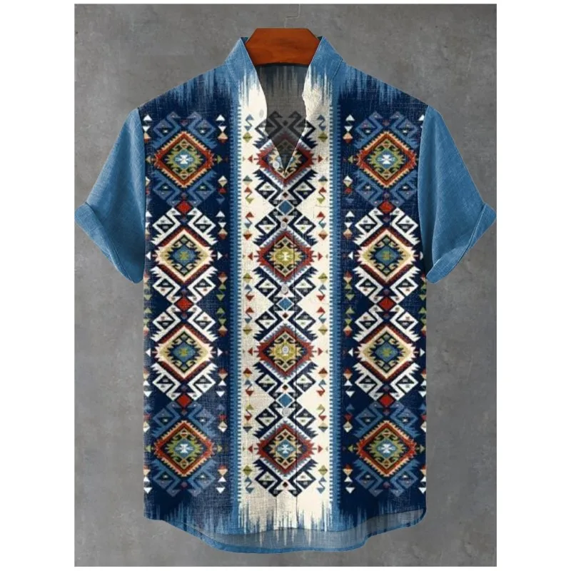 2025 Men's Summer Ancient Tribe Totem Printed Linen Short Sleeve Shirt Comfortable Casual Button Top Suitable For Street Wearing