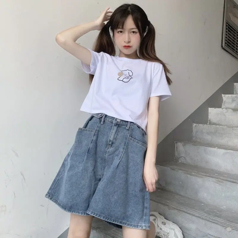 Korean Style Denim Wide Leg Shorts Women Pockets A Line High Waist Shorts Woman 2023 Summer Blue Gray Loose Short Jeans