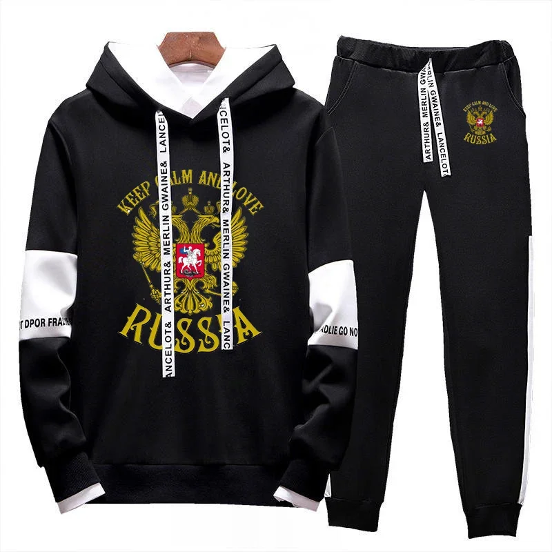 

Russia Badge Gold Eagle Printed Mens Sportswear Sets Casual Tracksuit Two Piece Set Top And Pants Sweat Suit Male Sporting Suits