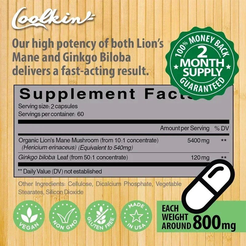 Lion\'s Mane Mushroom Capsules - Nootropic Brain Booster for Focus Immune & Stress Relief Improve Memory
