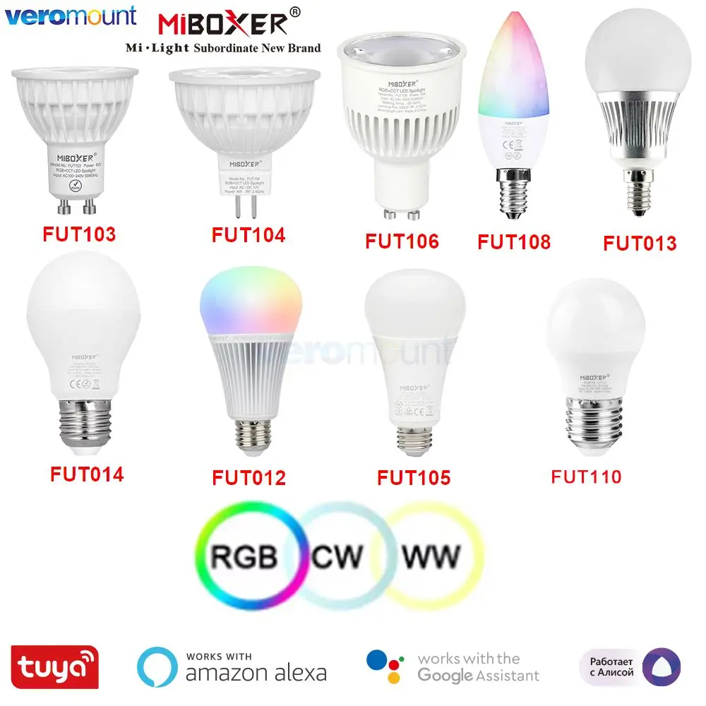 

Miboxer 2.4G Led Bulb MR16 GU10 E14 E27 Led Lamp 4W 5W 6W 9W 12W CCT RGB+CCT Led Lamp Wireless Wifi Remote control Support WiFi