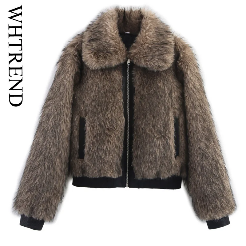 

WHTREND Patchwork Leather And Faux Fur Jacket Coat For Women Lapel Long Sleeves Zipper Warm Luxury Coats Winter New Fashion