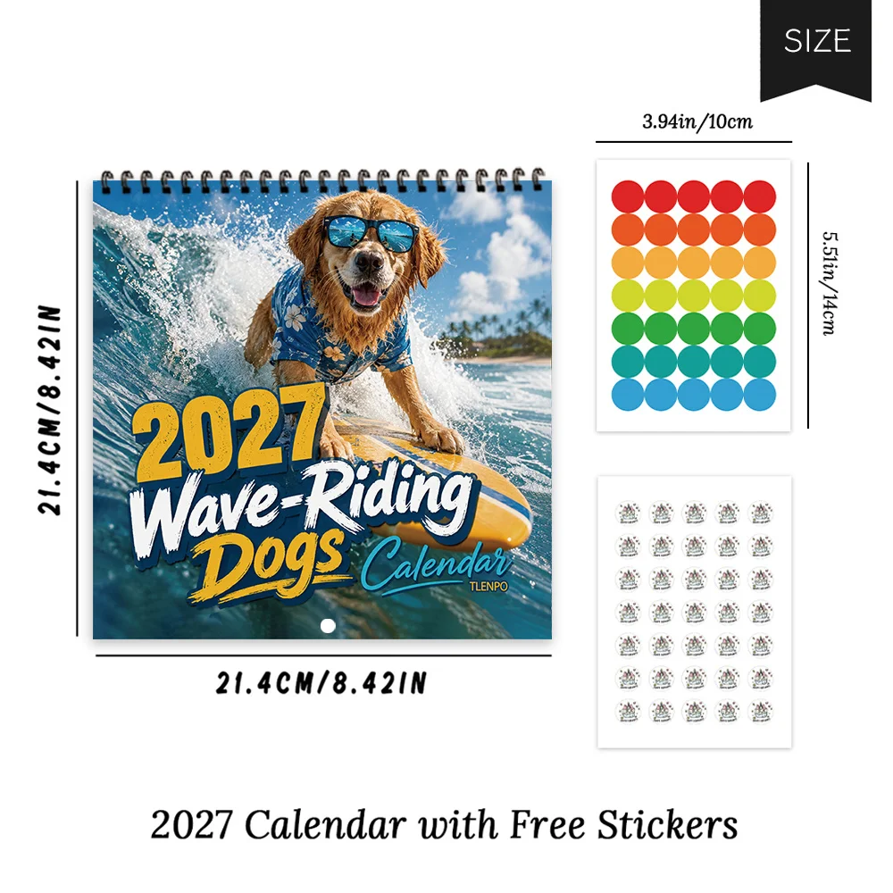 1pc Surfing Dog Fun 2027 Wall Calendar,12‑Month Planner,Gift For Back‑to‑School,Christmas,New Year,Free Stickers Included