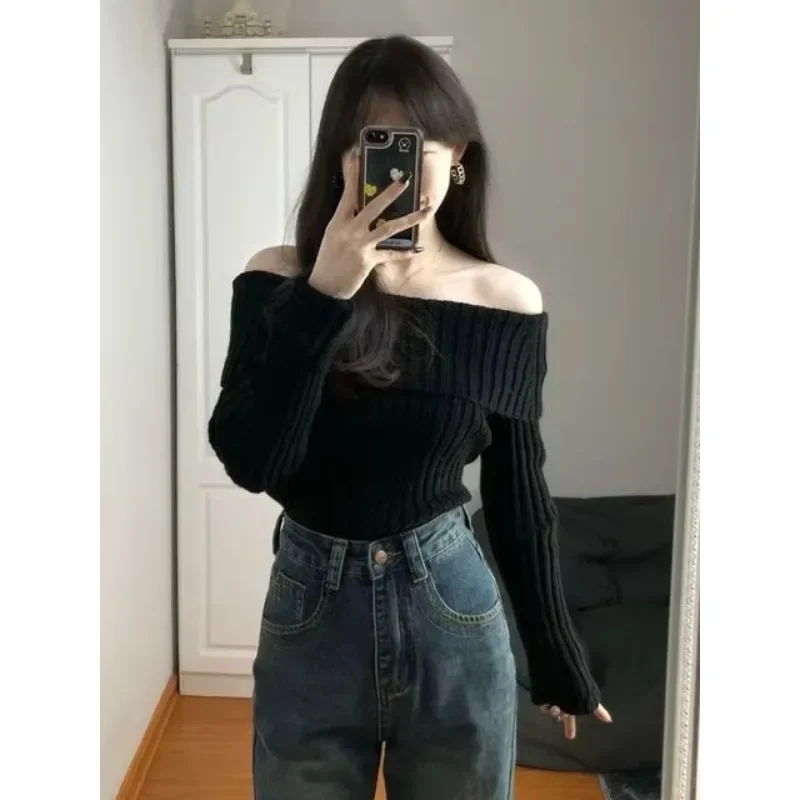 Autumn Winter Clothing Black Cropped Pullovers Women Tunic Long Sleeve Sueter Mujer Korean Pull Femme Off Shoulder Knit Sweater