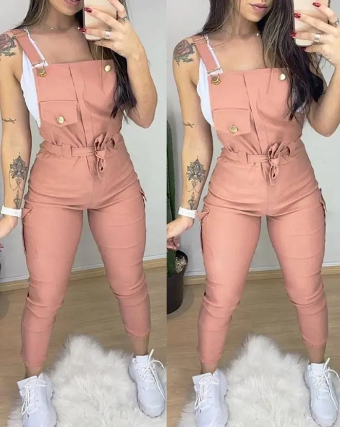 

Jumpsuit Women 2024 Summer Fashion Button Pocket Design Plain Casual Square Neck Skinny Daily Suspender Jumpsuit Y2K Streetwear