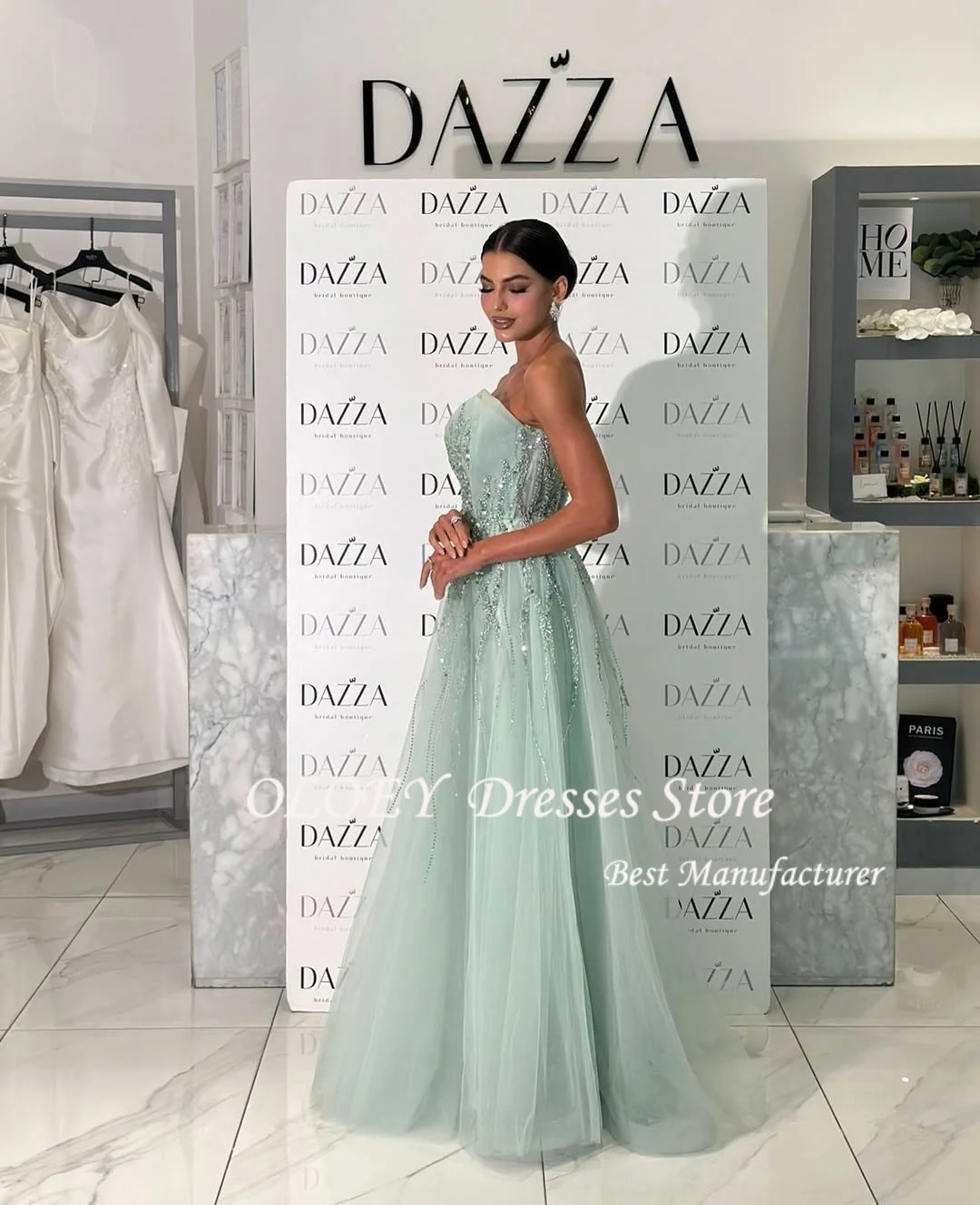 OLOEY Green Beadings Tulle Prom Dress Crystal Elegant Evening Dress Wedding Dress Sequins Formal Occasion Party Gowns Customized