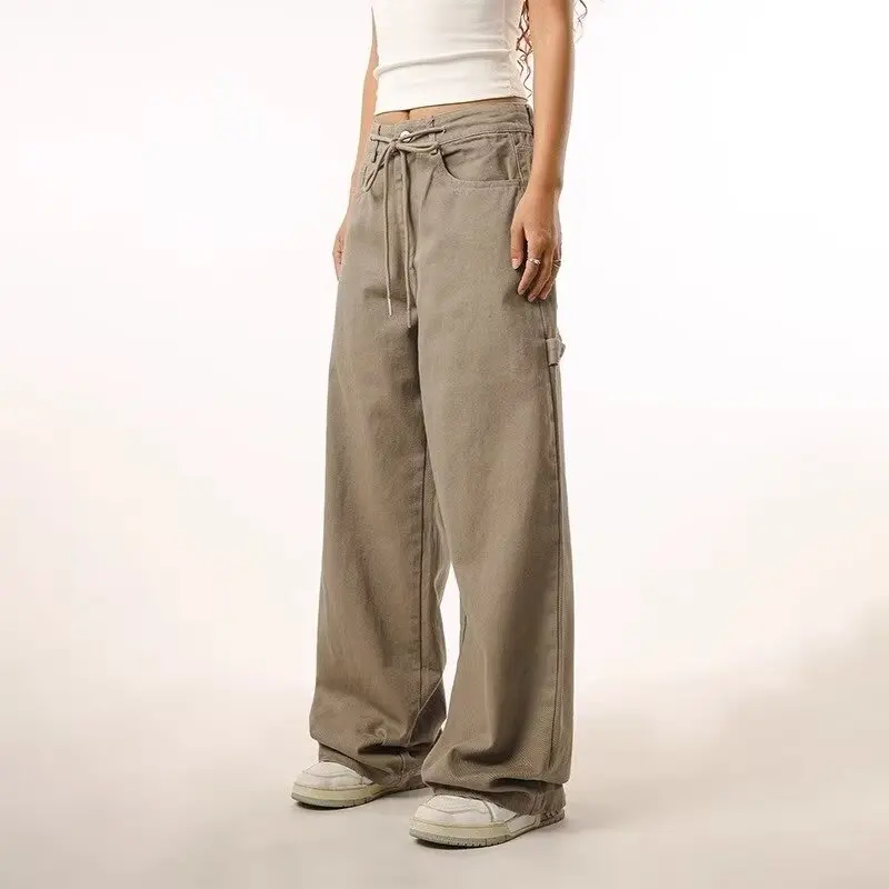 

Women Solid Long Pants Women Casual Loose Cotton Lace Up Elastic Waist Wide Leg Trousers Ladies Streetwear Straight Pants Women