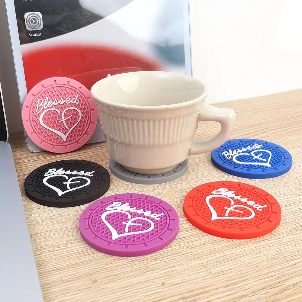 1/2Pcs Blessing Text Car Cup Cushion Non-Slip Creative Coaster Silica Gel Cup Pad Heart Shape Pattern Auto Interior Decoration