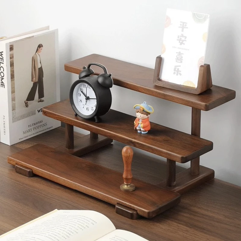 3 Layers Solid Wood Desktop Storage Rack Small Stepped Tea Set Cup Rack, Teapot Cultural and Artistic Displa Rack Decorations
