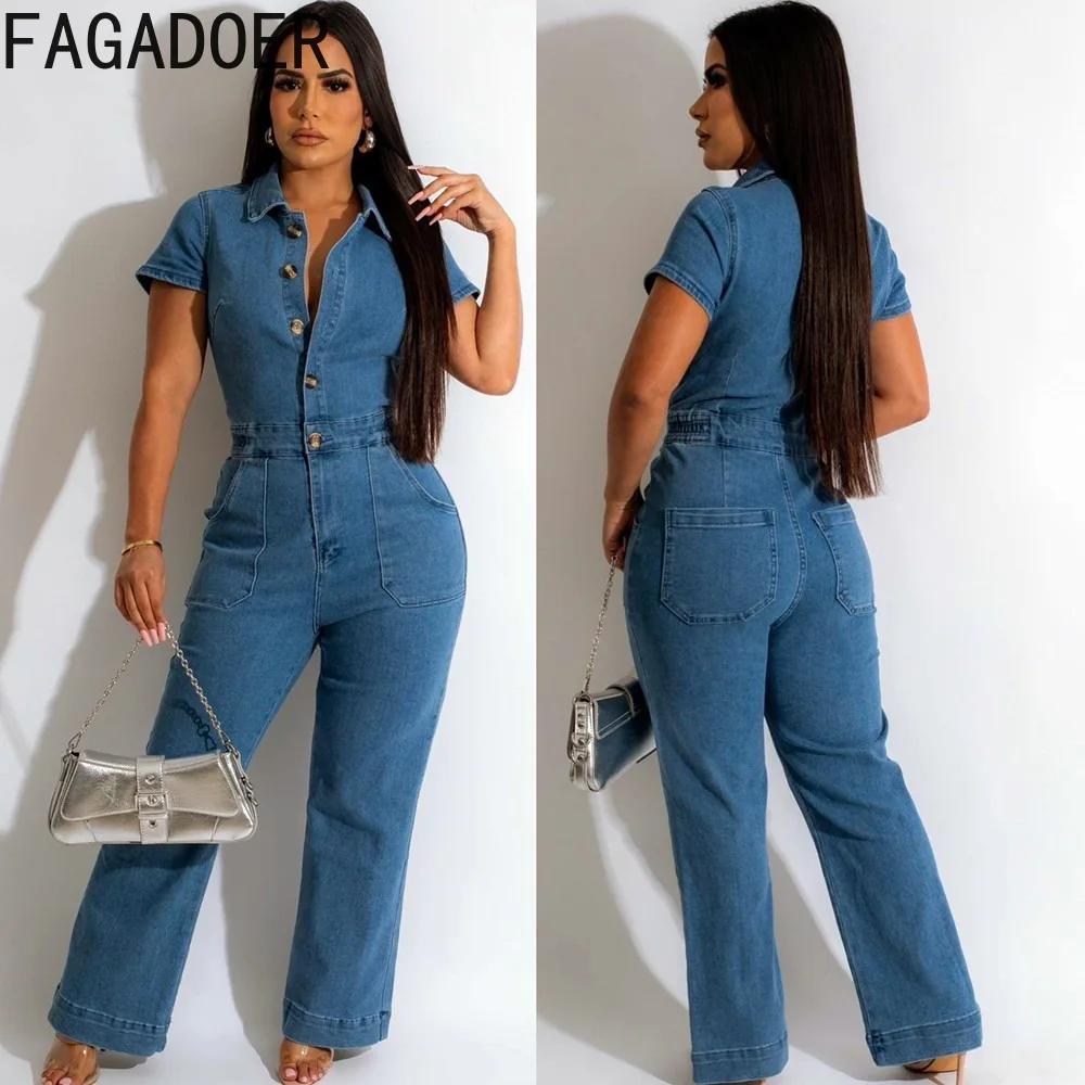 

FAGADOER Casual Denim Jumpsuit Women 2023 Summer Autumn Pockets Single Breasted Stretchy Wide Leg Rompers Elegant OL Outfits