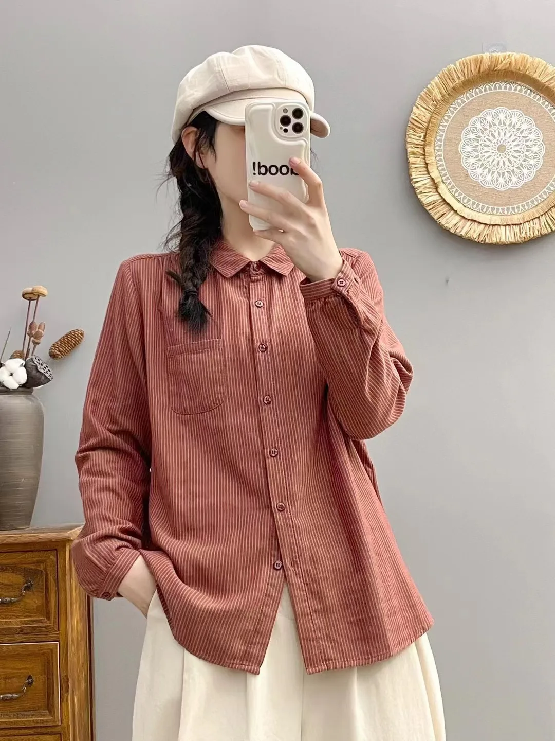 New Autumn Cotton Striped Shirt Women Lapel Collar Tops Girl Long Sleeve Loose Commuting Blouses Appear Thin Spring T30815QC