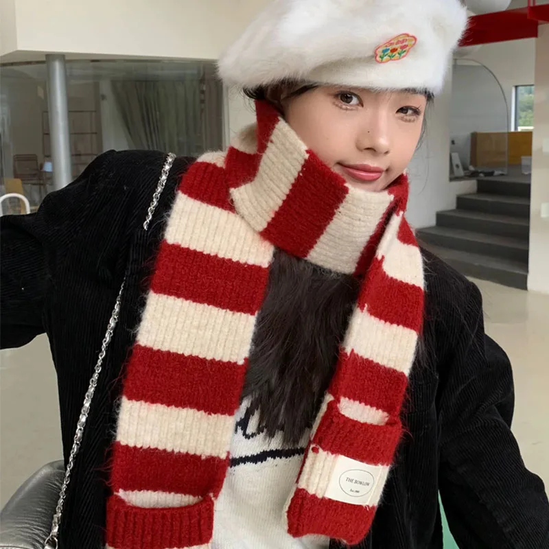 

Y2K Black White Striped Knitted Scarf Women Winter Retro Wool Scarf Fashion Korean Long Scarf Thicken Neckerchief New Year Gift