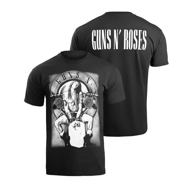 Y2k Guns N' Roses Band Skull-handgun Rose-flower Rock Dark Style Pure Cotton Short-sleeved T-shirt for Men and Women