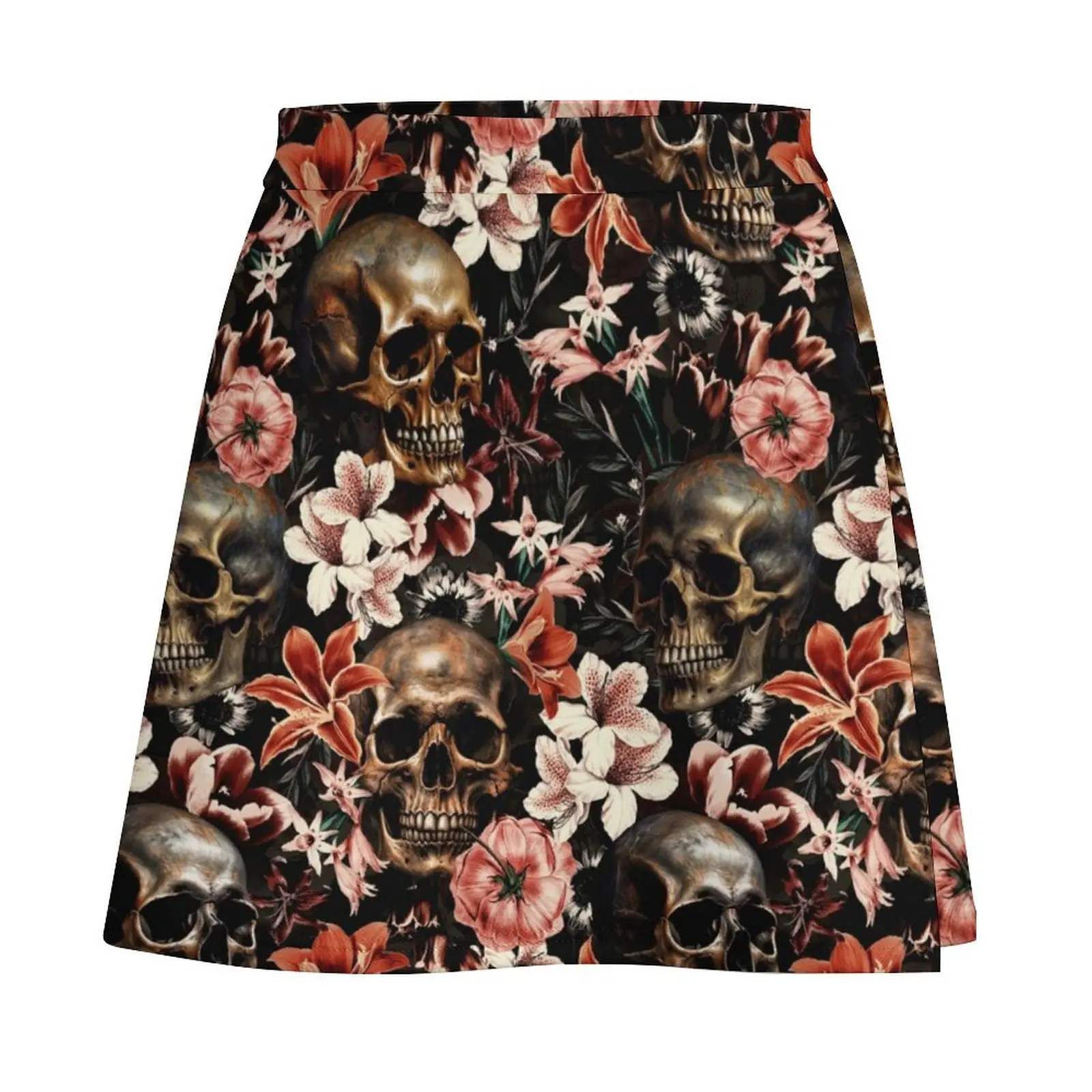 Mysterious Midnight Baroque Skull And Flowers Mini Skirt japanese kawaii clothes luxury designer clothing women Mini Skirt