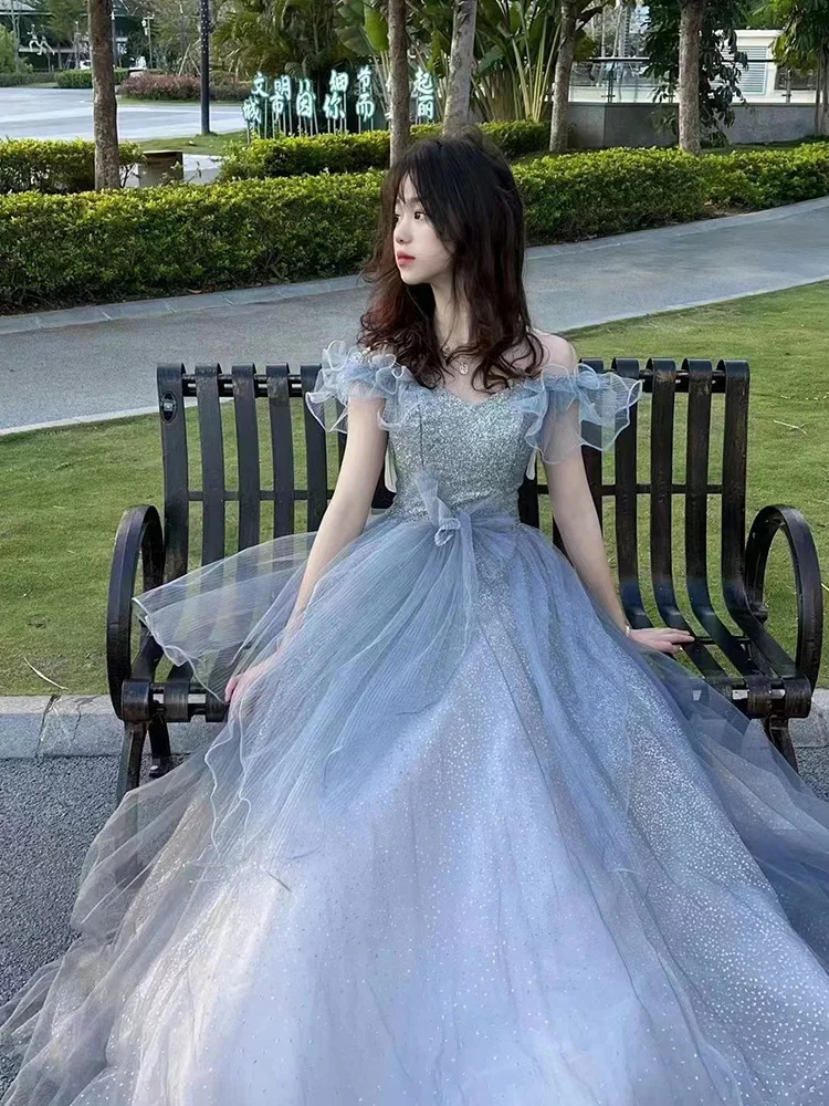 

Синее вечернее платье класса люкс для торжественных мероприятий, элегантное, с пышной юбкой, блестящими пайетками, средней посадкой на талии, длинное