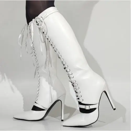

White Solid Matte Leather Cross Tied Lace Up Pointed Toe Hollow Buckle Knee High Sandals Boots Women Stiletto Heel Long Boots