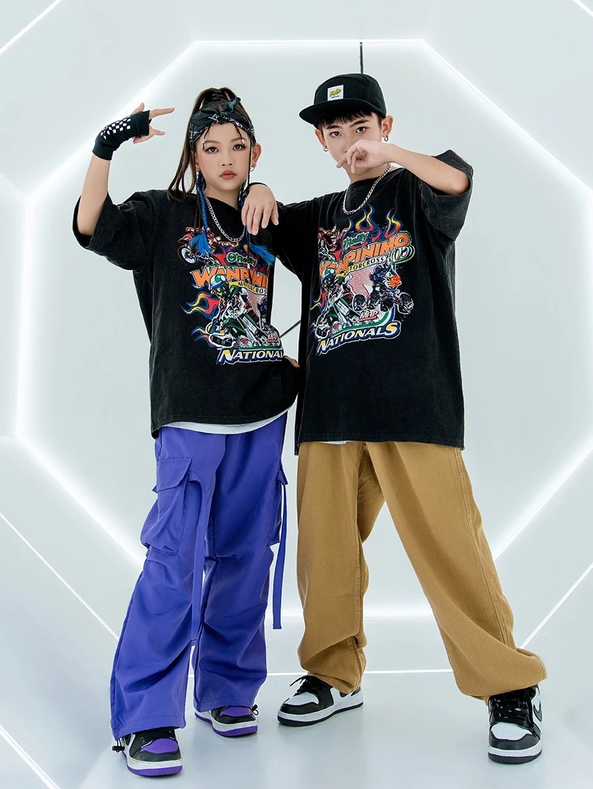 女の子と男の子のためのモダンなダンスパフォーマンスステージコスチューム、ルーズなTシャツ、ヒップホップパンツ、ストリートウェア、ジャズジャズ記録服、新品、dqs16350、2024