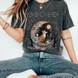 Women Crewneck Short Sleeve Shirt Whimsigoth Goblincore Shirt Fox Witchy T-shirt Celestial Fairycore Dark Cottagecore Aesthetic