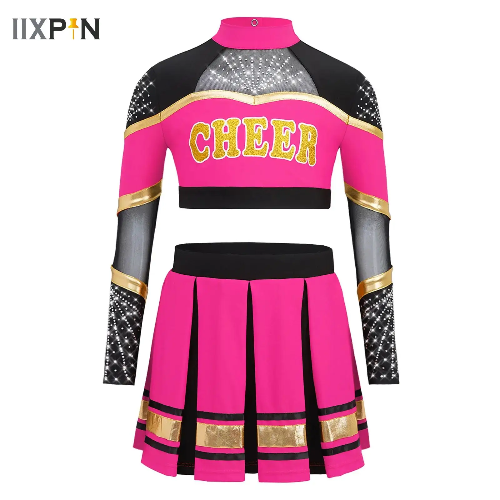 

Big Girls Cheerleader Costume Cheerleading Uniform Sports Modern Dance Outfits Letter Print Shiny Rhinestones Top and Skirt Set