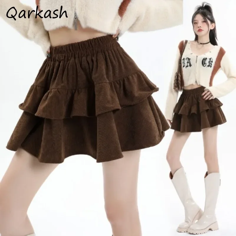 

Puffy Cake Skirts Women Corduroy New Elastic High Waist A-line Solid Korean Style OL Fashion All-match Pleated Anti-exposure