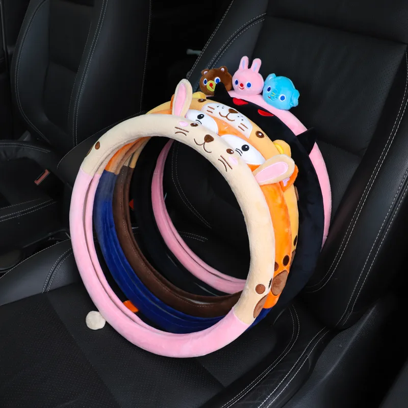 

Car steering wheel cover, women's winter short plush cartoon all season universal anti slip handlebar cover, cute interior