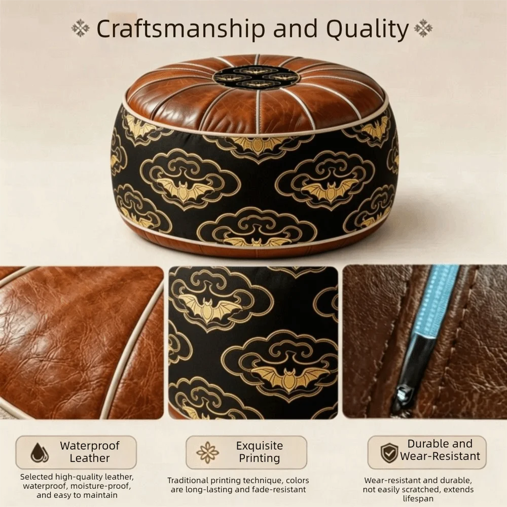 Boho Pattern Ottoman Pouf PU Leather Fillable Design Footstool Cover Water Resistant Large Opening Storage Ottoman Home Use