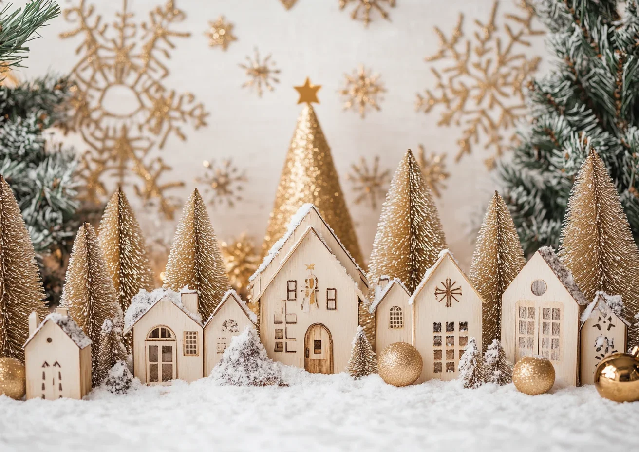 White Christmas Town Background Photography Snowy Houses Xmas Tree Frozen Backdrop Kids Winter Cake Smash Photo Studio