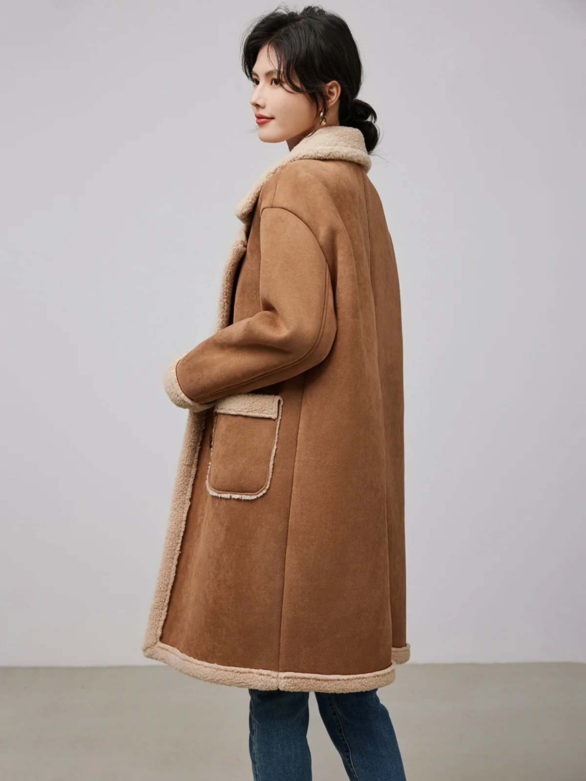 Casaco de Inverno em Suede para Mulheres, Comprimento Médio, Estilo Commute, Dupla Frente, Cor Pura, Fibra de Poliéster