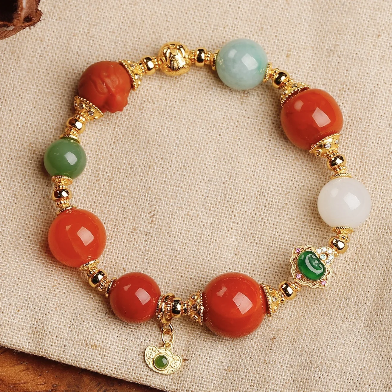 

Natural Red Agate Bracelet - Maitreya Buddha Ice Green Jadeite Ruyi S925 Silver Hetian White Jade Multi-Gemstone Jewelry