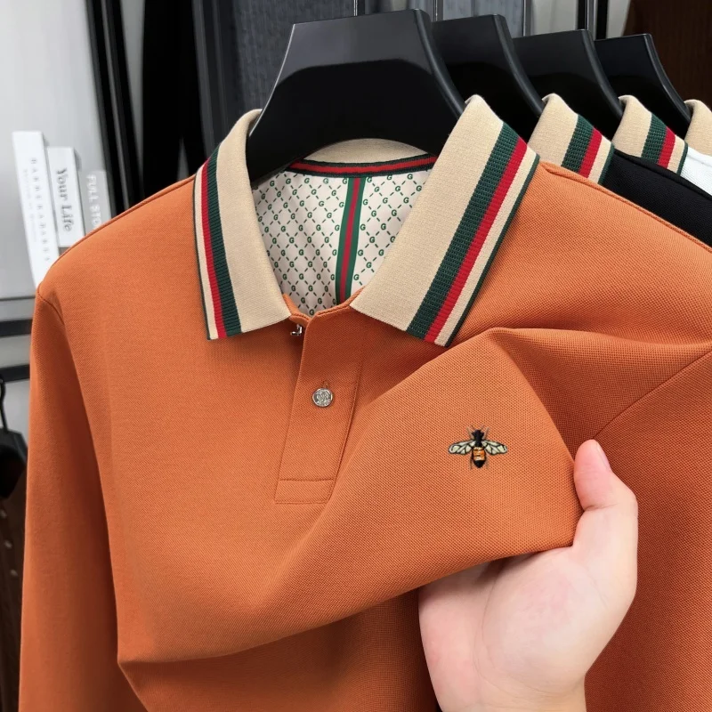 

High end brand long sleeve men's polo shirt autumn new personalized striped lapel T-shirt fashion exquisite bee embroidery top