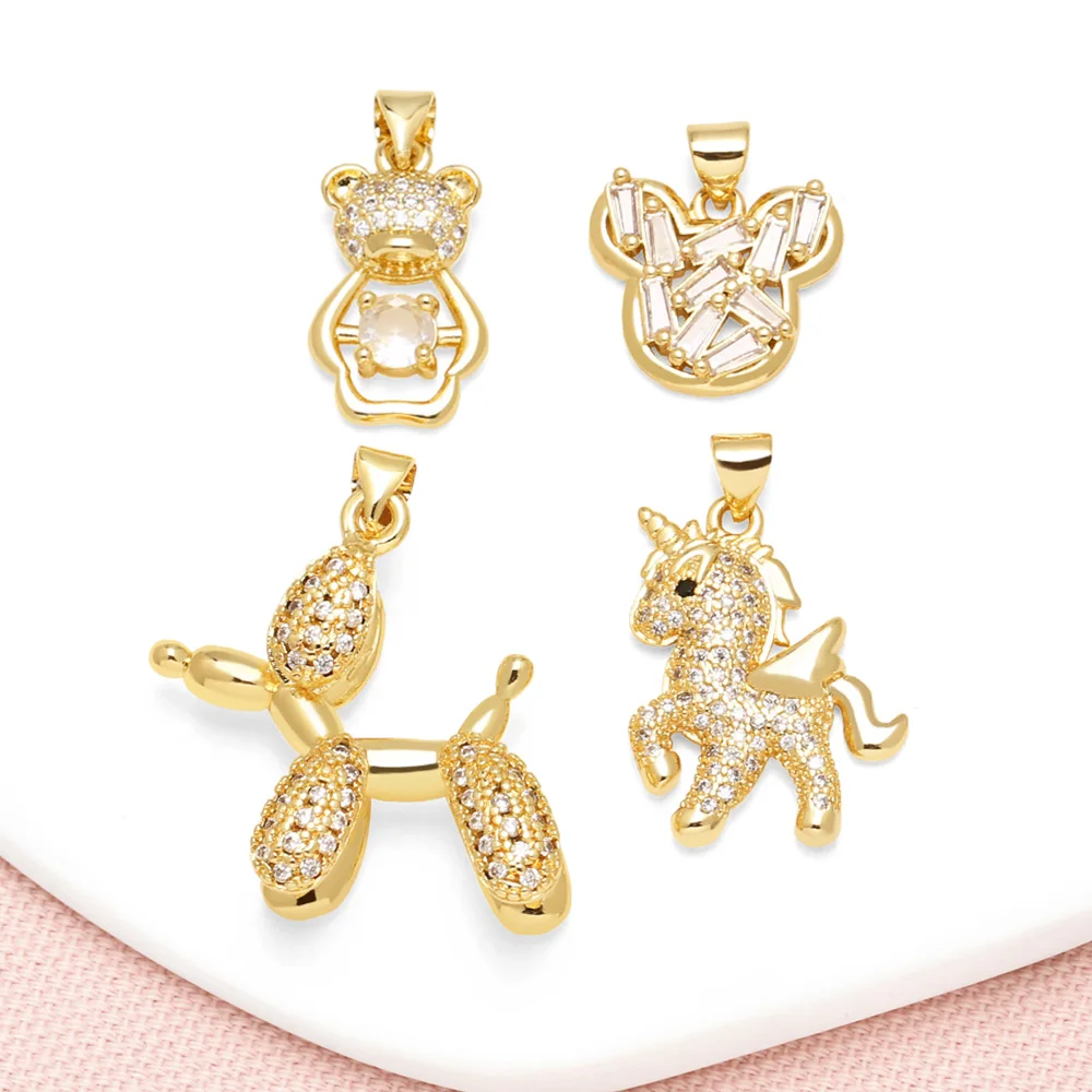 Ocesrio pingente de urso fofo de cristal branco, moderno, para colar, cobre banhado a ouro, filhote de cachorro, unicórnio, componente de fabricação de joias pdta105