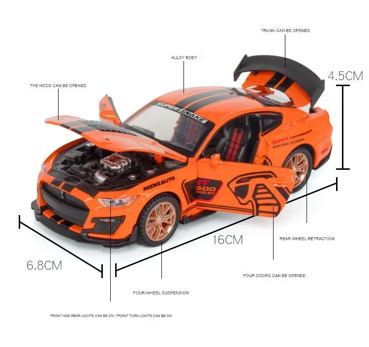 1:32 Mustang GT500 Auto sportiva Modello di auto in lega Suono e luce Tirare indietro Giocattolo per bambini da collezione Regalo di compleanno