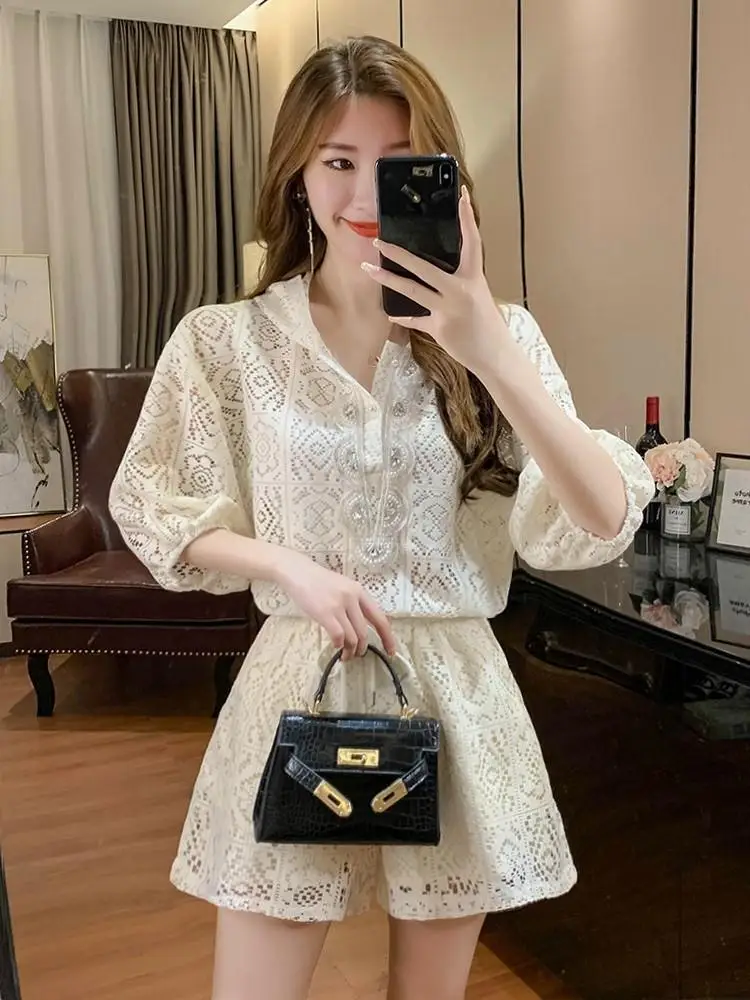 

Short Sets for Women 2 Pieces Office Apricot Lace Woman Shorts Full Novelty in New Products Stylish Vacation Outfits 2024 Light